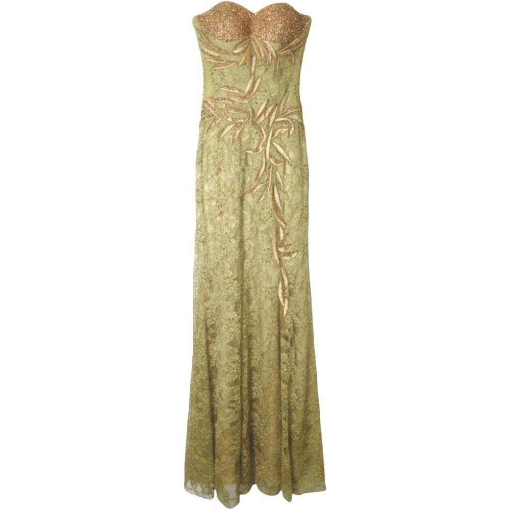 Dancing Queen‎ Sage Green Gold Lace Beaded Strapless Formal Prom Gown Dress 4